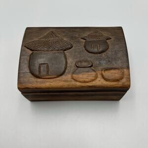VTG Ironwood Hand Carved Hinged Trinket Ring Box Mushroom Fairy Hut Whimsical